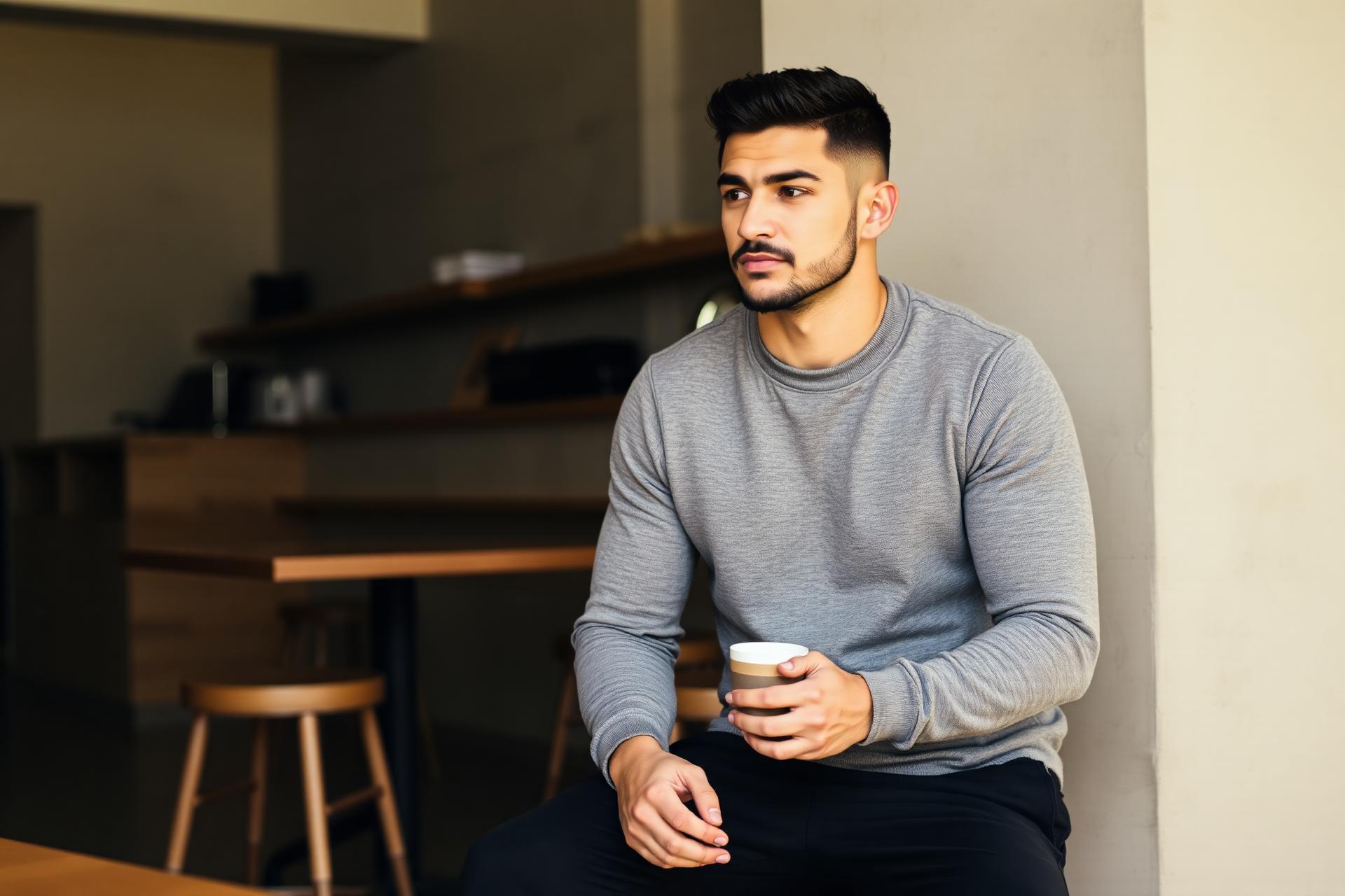 LORNE crewneck in a quiet coffee setting