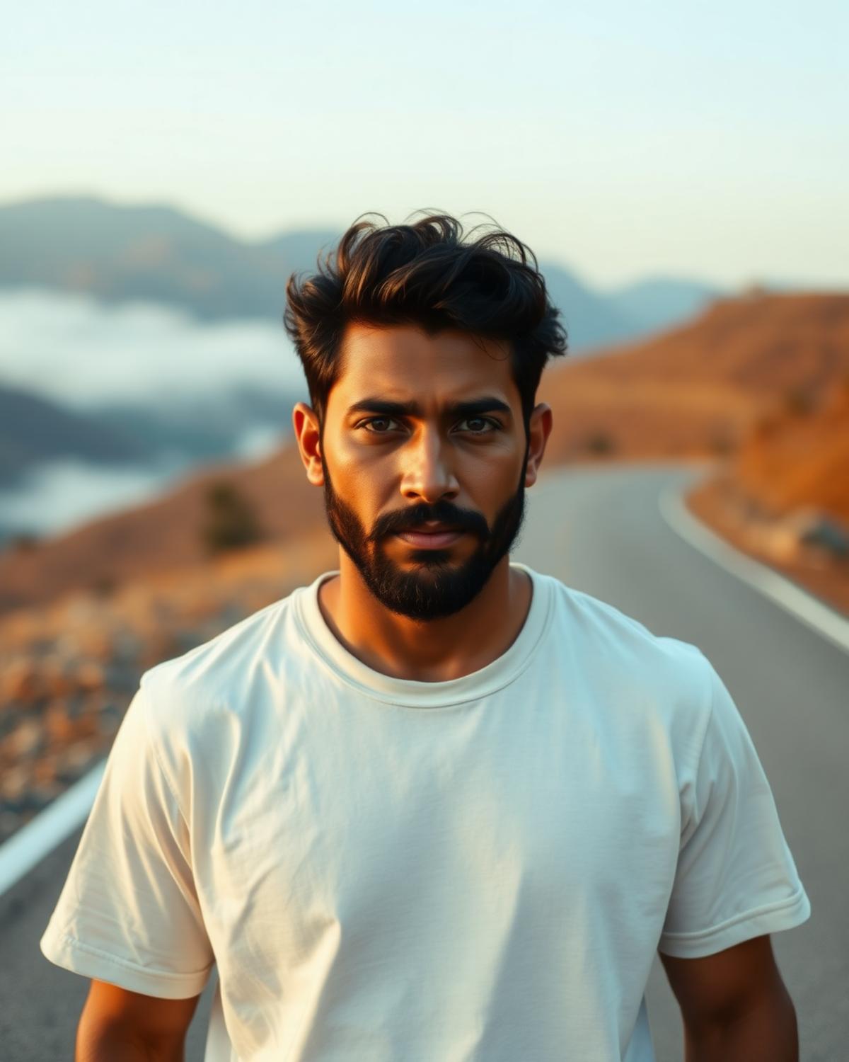 LORNE warm-white tee on a quiet mountain road