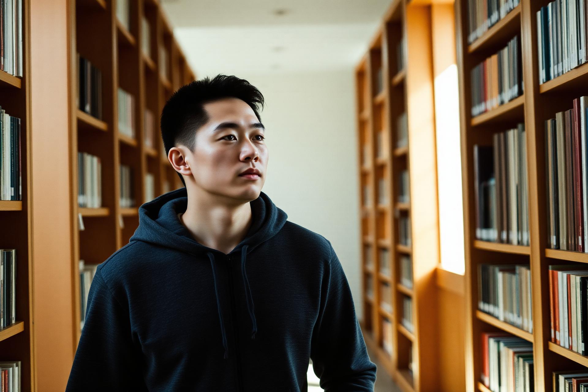 LORNE hoodie photographed in a sunlit library